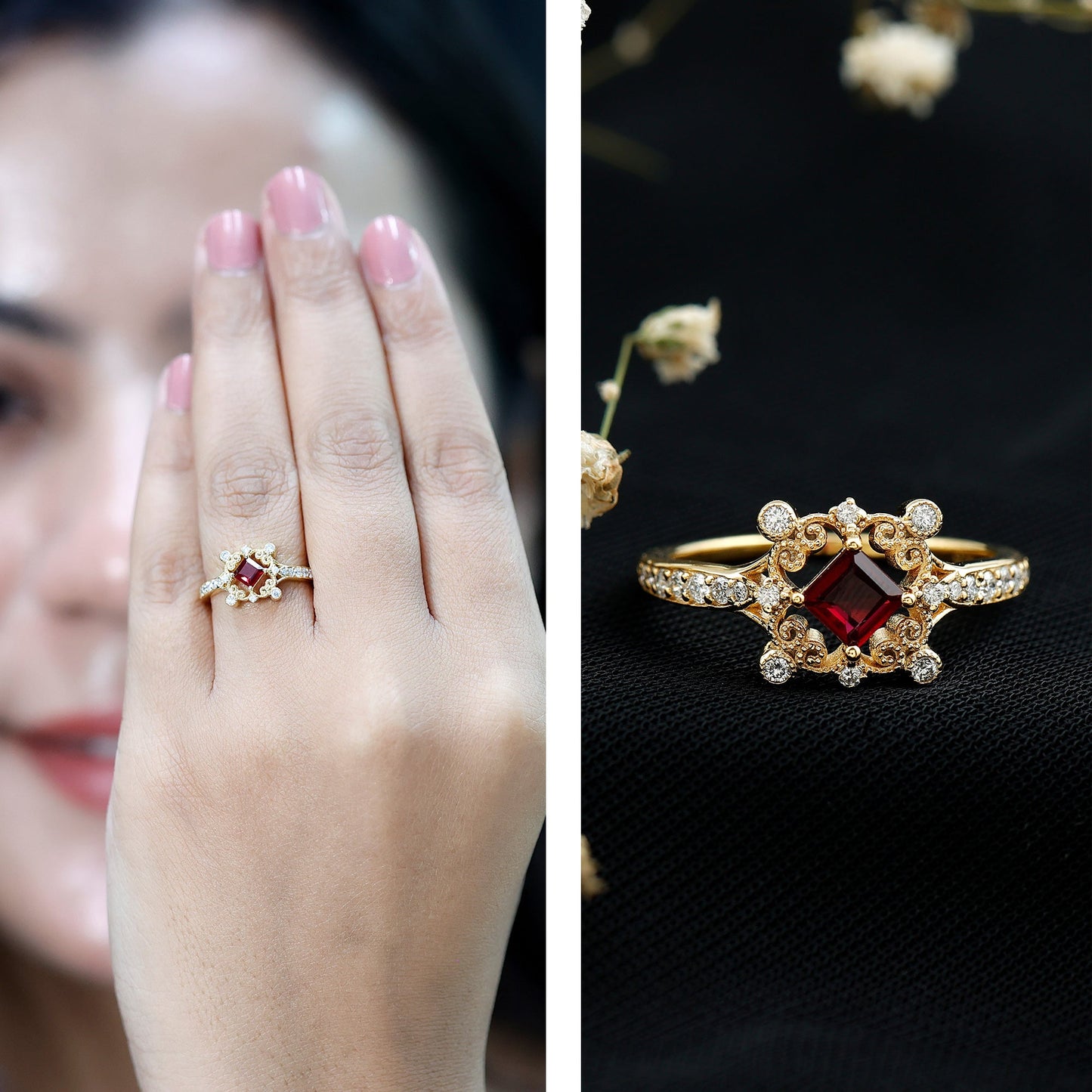 Certified Lab Grown Ruby Diamond Retro Engagement Ring