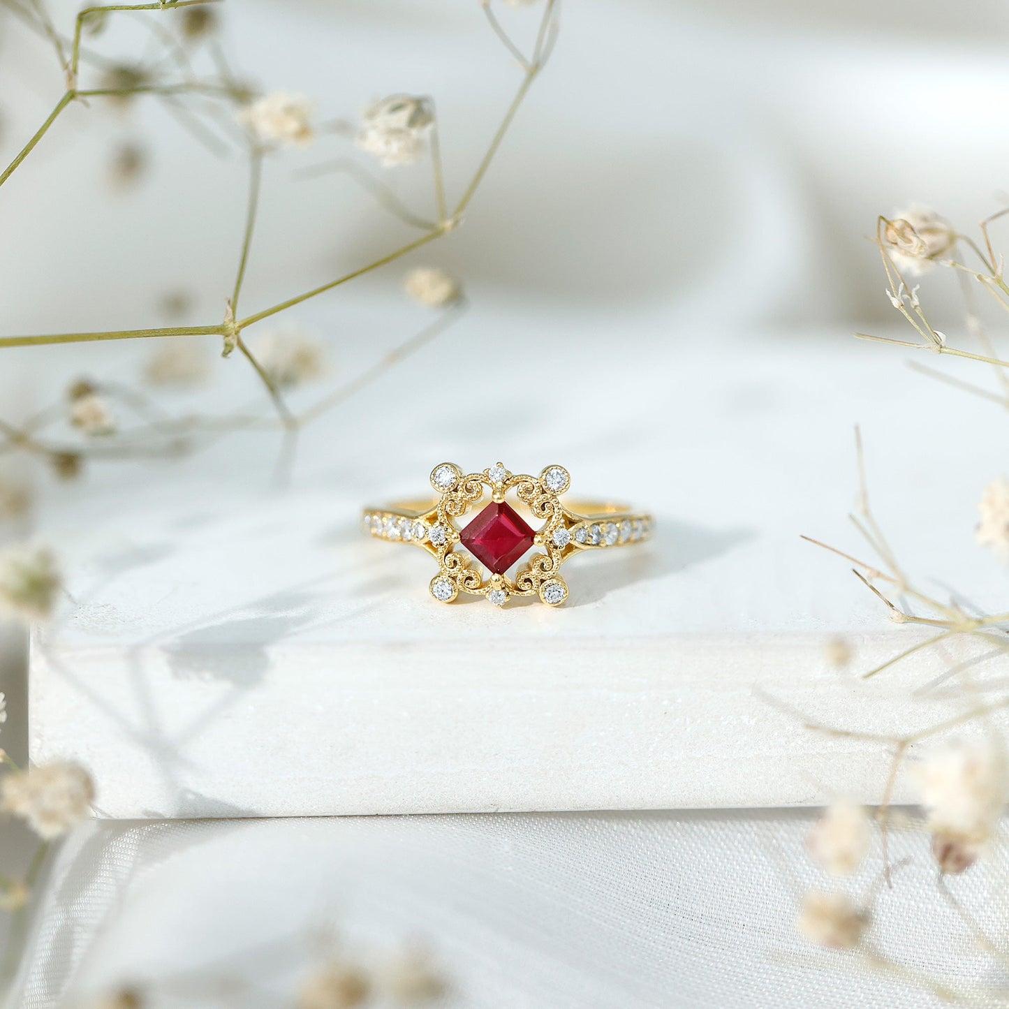 Certified Lab Grown Ruby Diamond Retro Engagement Ring