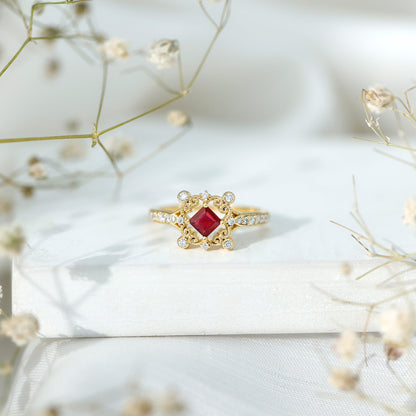 Certified Lab Grown Ruby Diamond Retro Engagement Ring