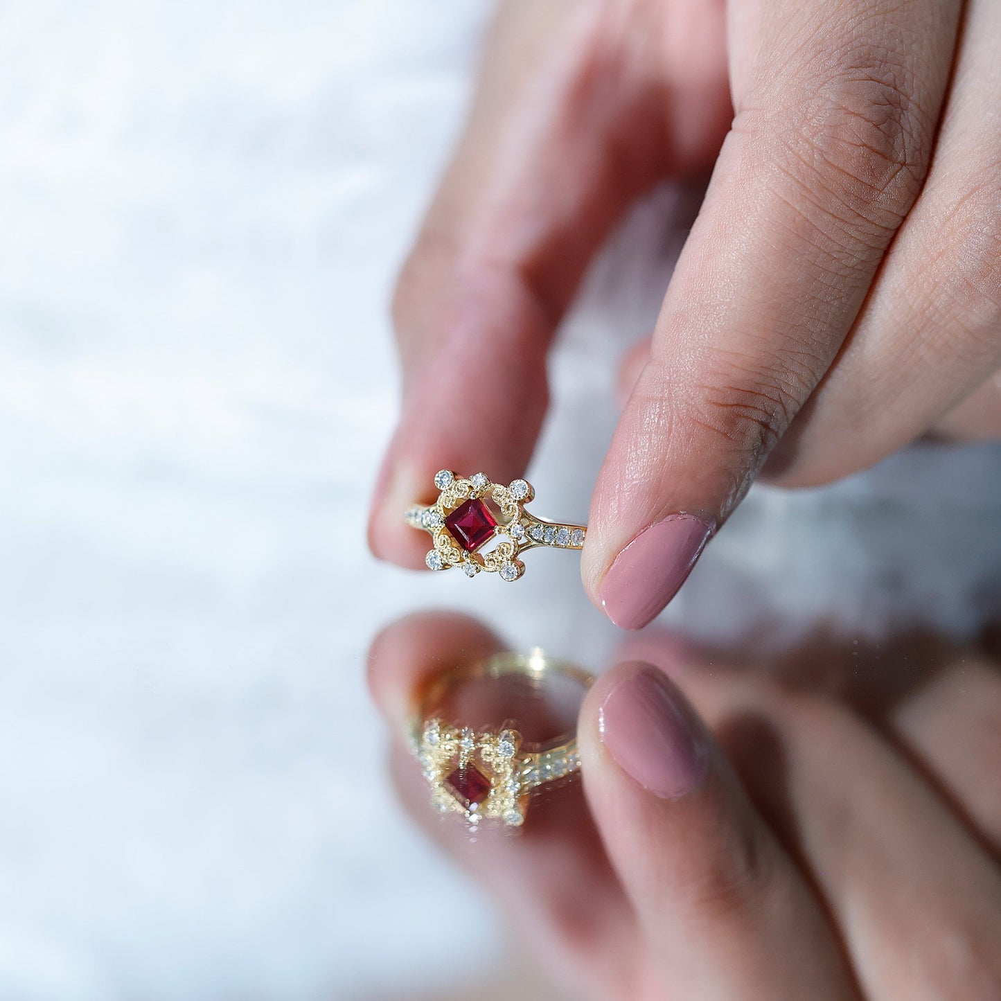 Certified Lab Grown Ruby Diamond Retro Engagement Ring