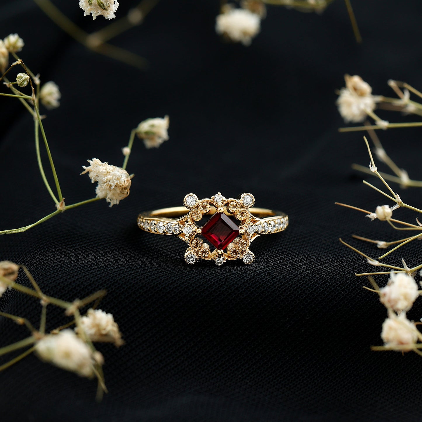 Certified Lab Grown Ruby Diamond Retro Engagement Ring