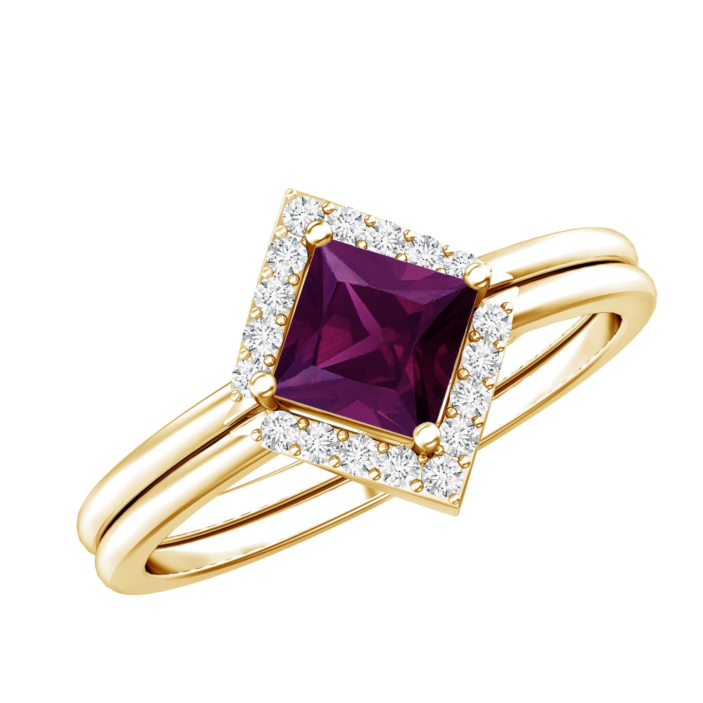 Rhodolite Garnet Princess Cut Engagement Ring with Diamond Enhancer
