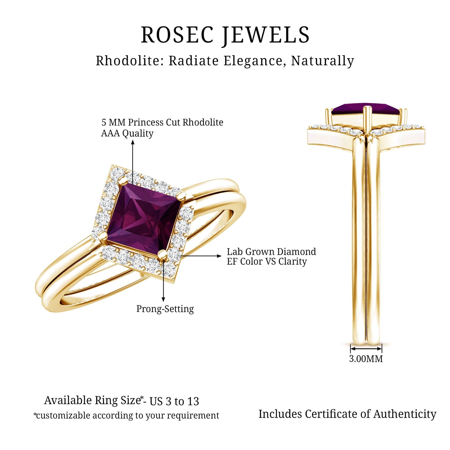 Rhodolite Garnet Princess Cut Engagement Ring with Diamond Enhancer