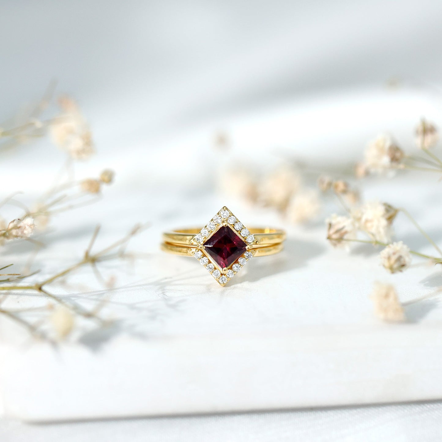 Rhodolite Garnet Princess Cut Engagement Ring with Diamond Enhancer