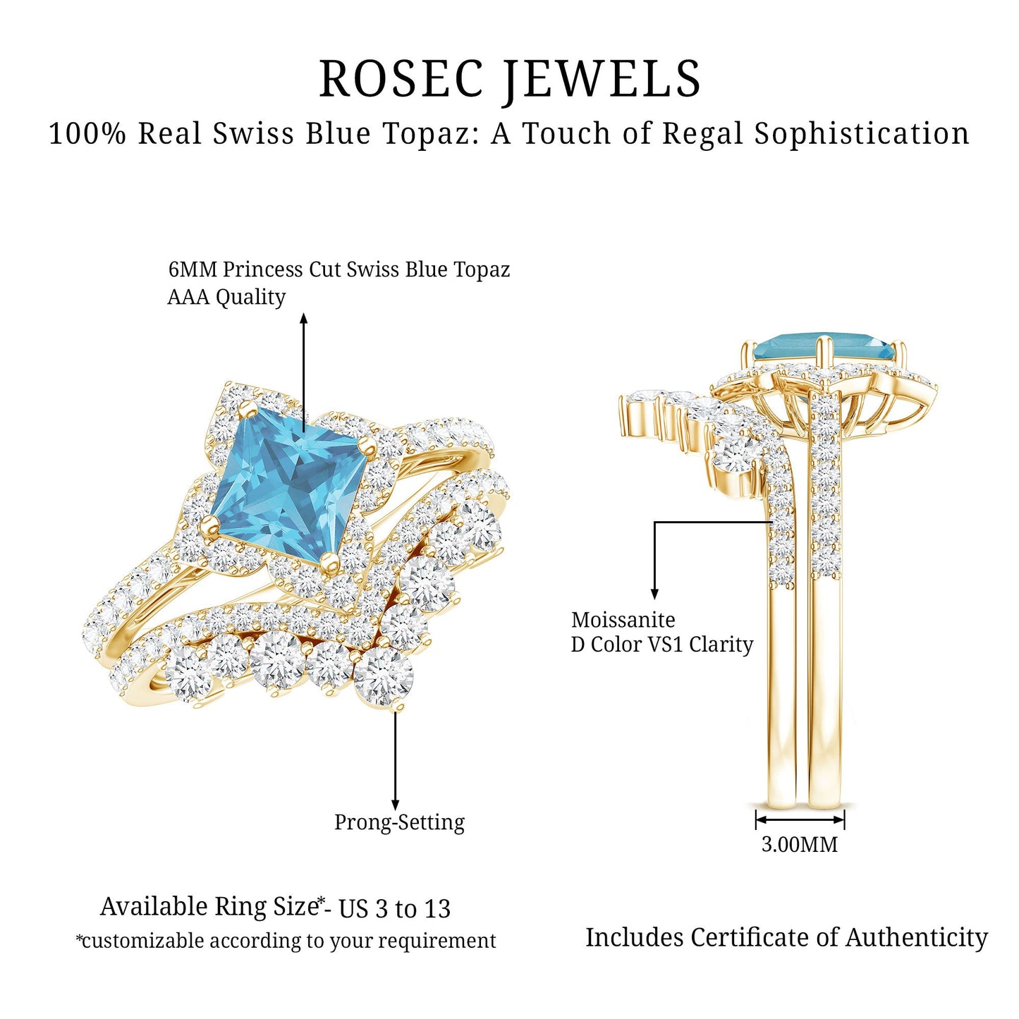 Genuine Princess Cut Swiss Blue Topaz Floral Wedding Ring Set in Silver