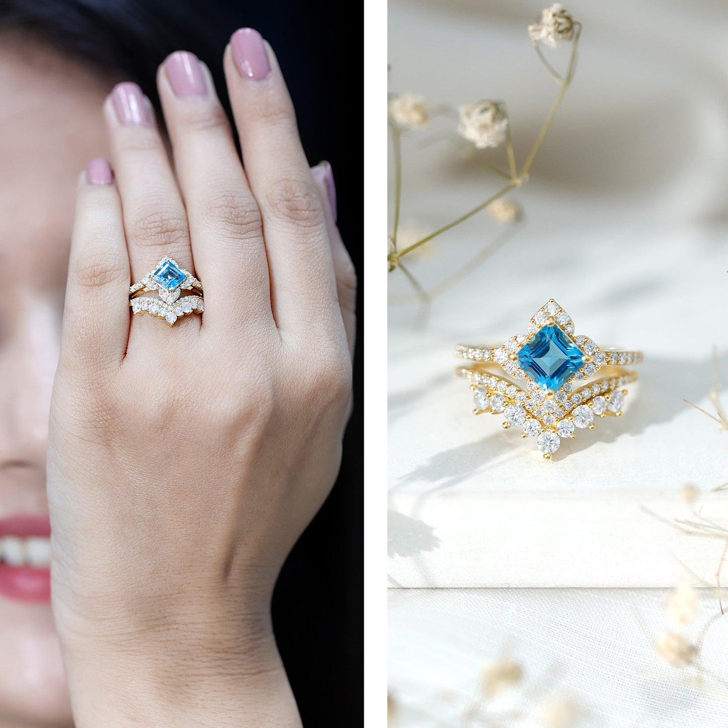 Genuine Princess Cut Swiss Blue Topaz Floral Wedding Ring Set in Silver