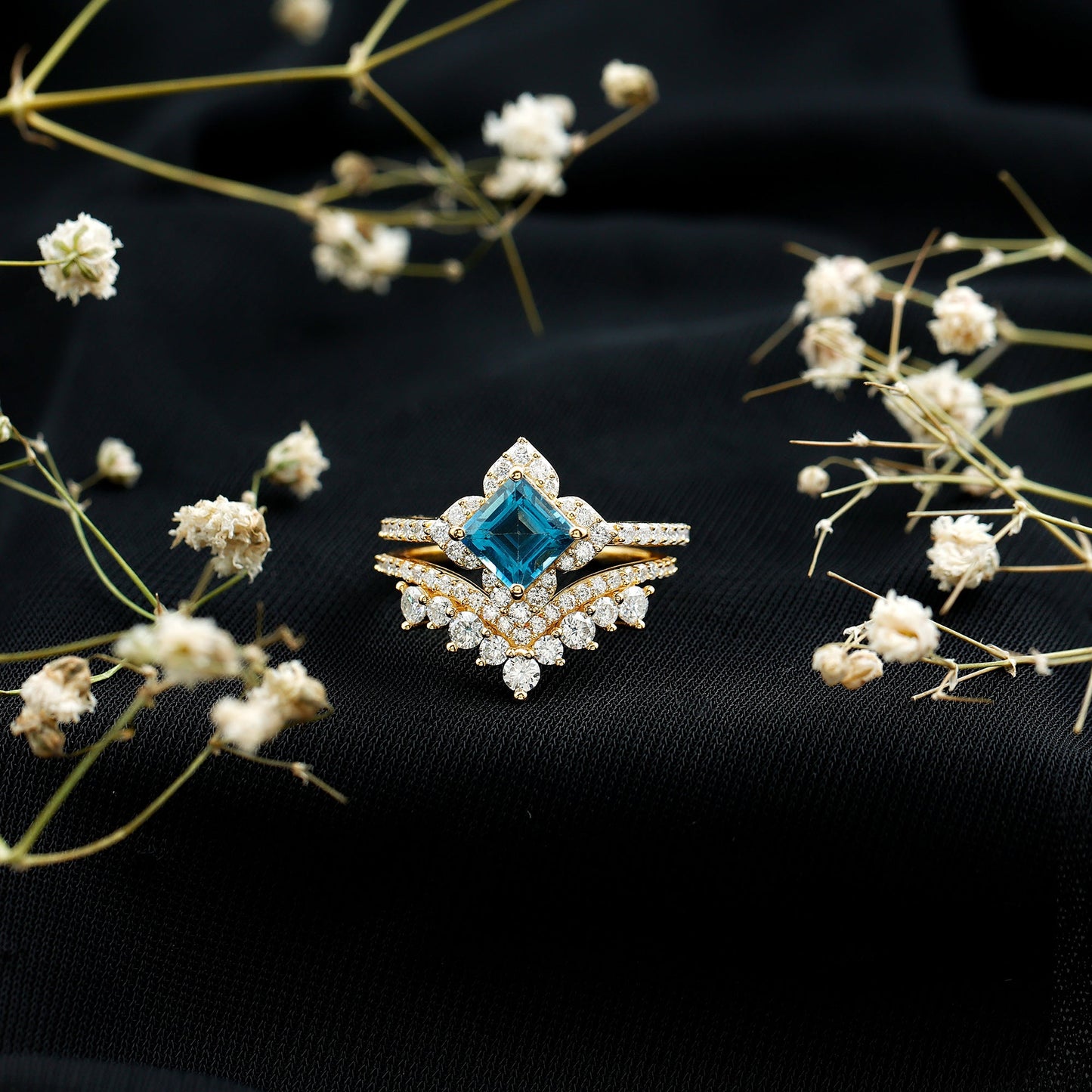 Genuine Princess Cut Swiss Blue Topaz Floral Wedding Ring Set in Silver