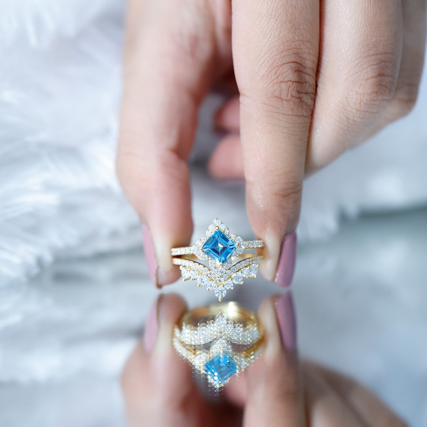 Genuine Princess Cut Swiss Blue Topaz Floral Wedding Ring Set in Silver