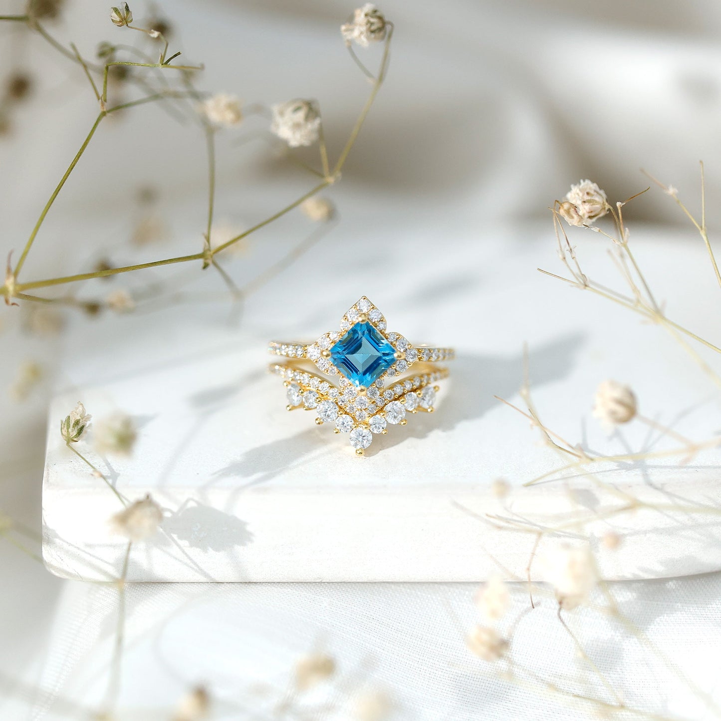 Genuine Princess Cut Swiss Blue Topaz Floral Wedding Ring Set in Silver