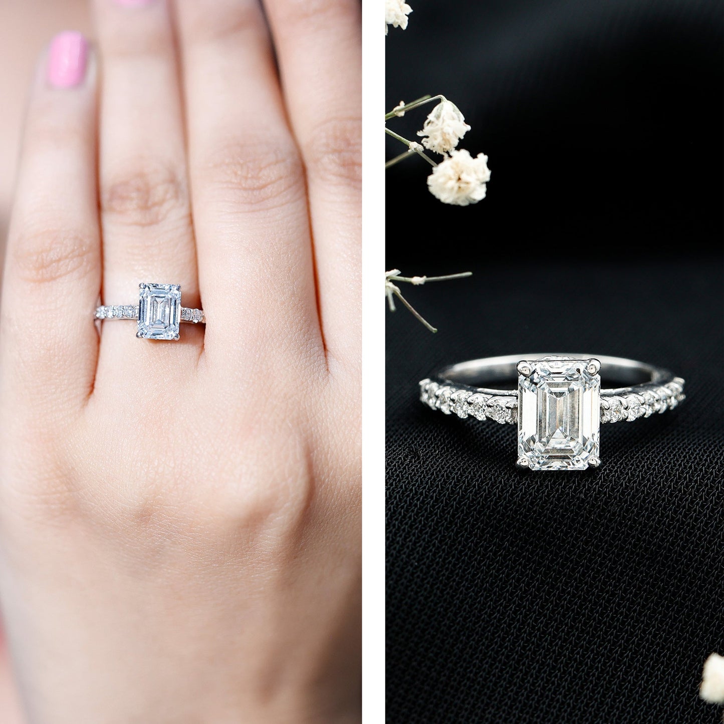 Diamond Emerald Cut Engagement Ring With Hidden Halo