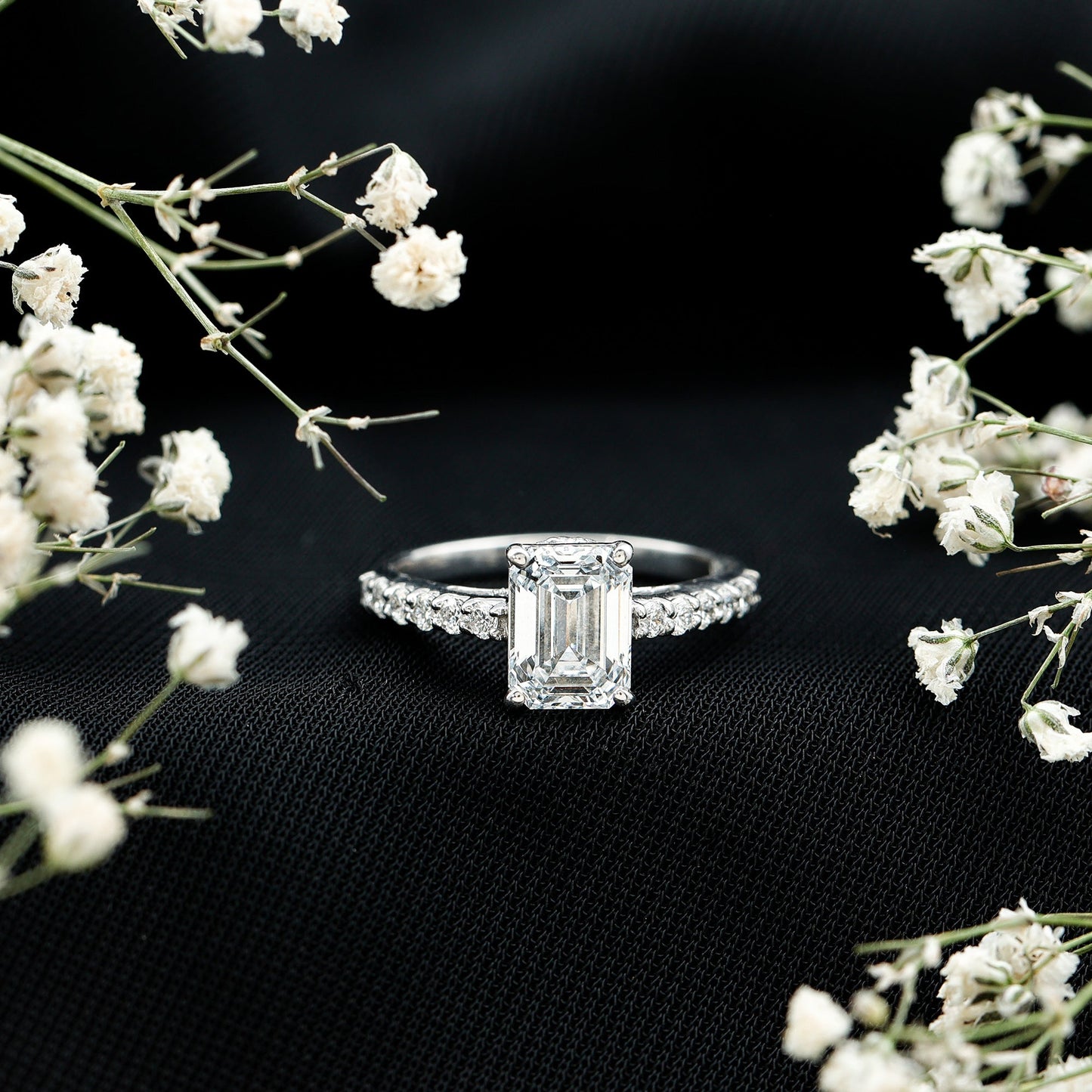 Diamond Emerald Cut Engagement Ring With Hidden Halo