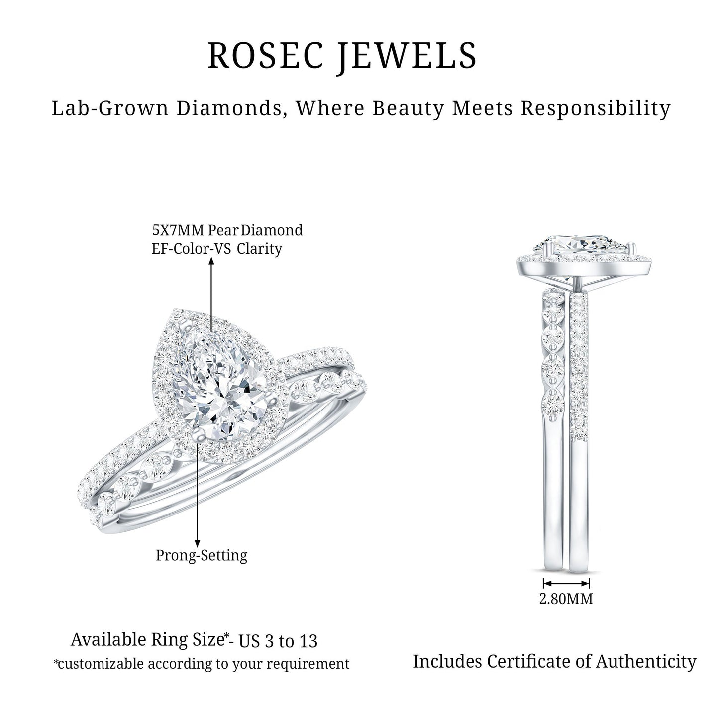 Lab Created Diamond Teardrop Engagement Ring With Stackable Band