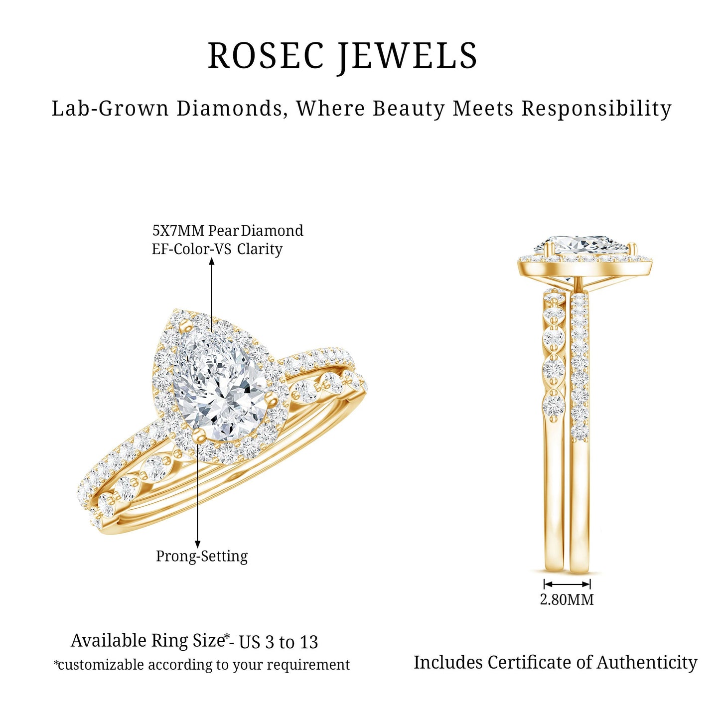 Lab Created Diamond Teardrop Engagement Ring With Stackable Band