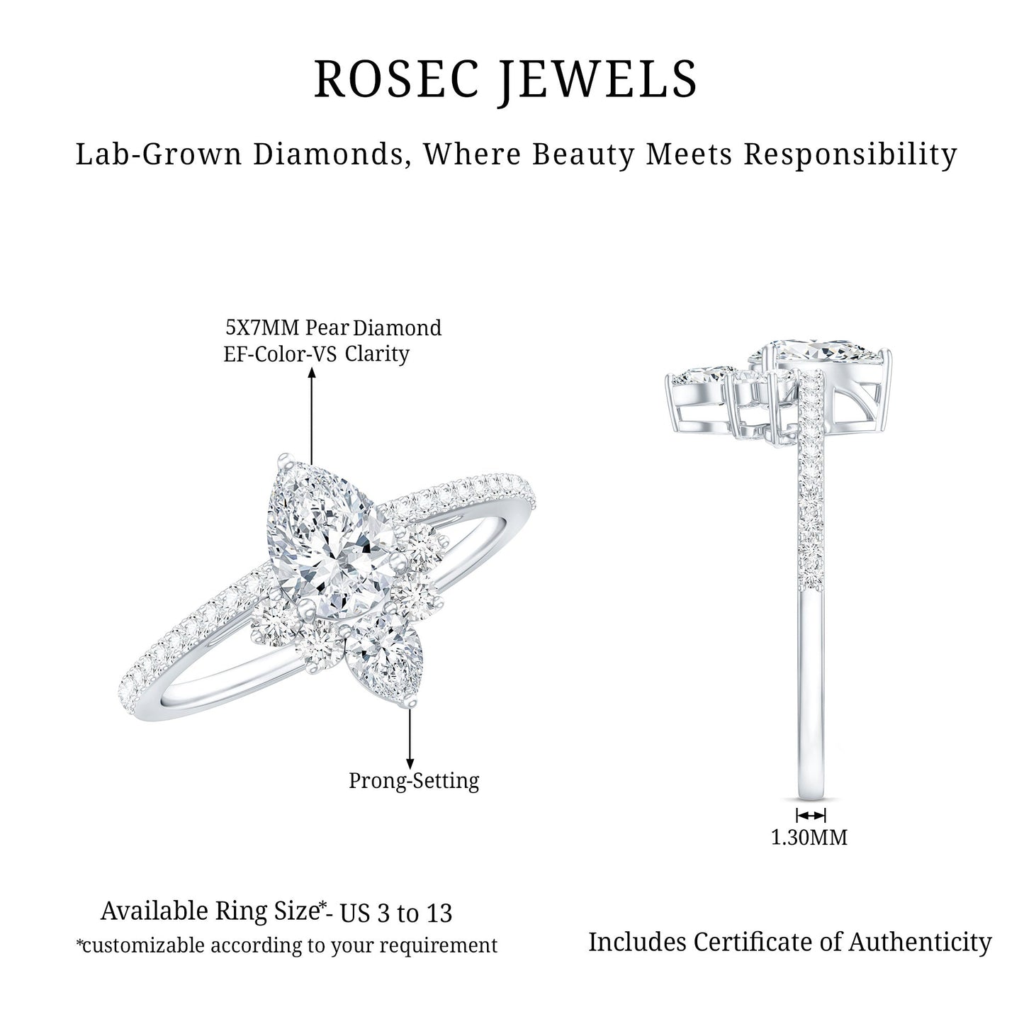 Lab Grown Diamond Unique Engagement Ring with Side Stones