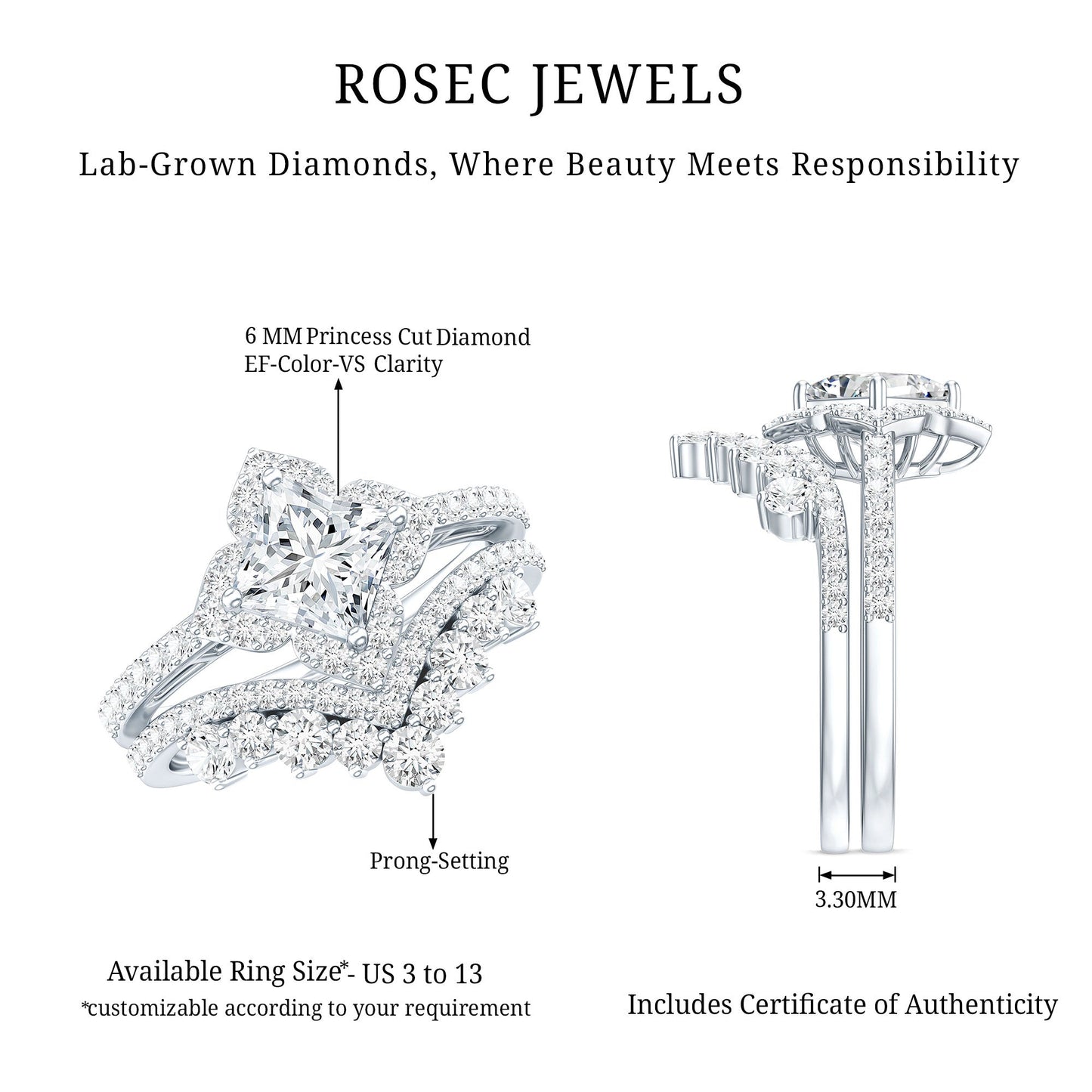 1.25 Carat Princess Cut Lab Grown Diamond Designer Bridal Ring Set