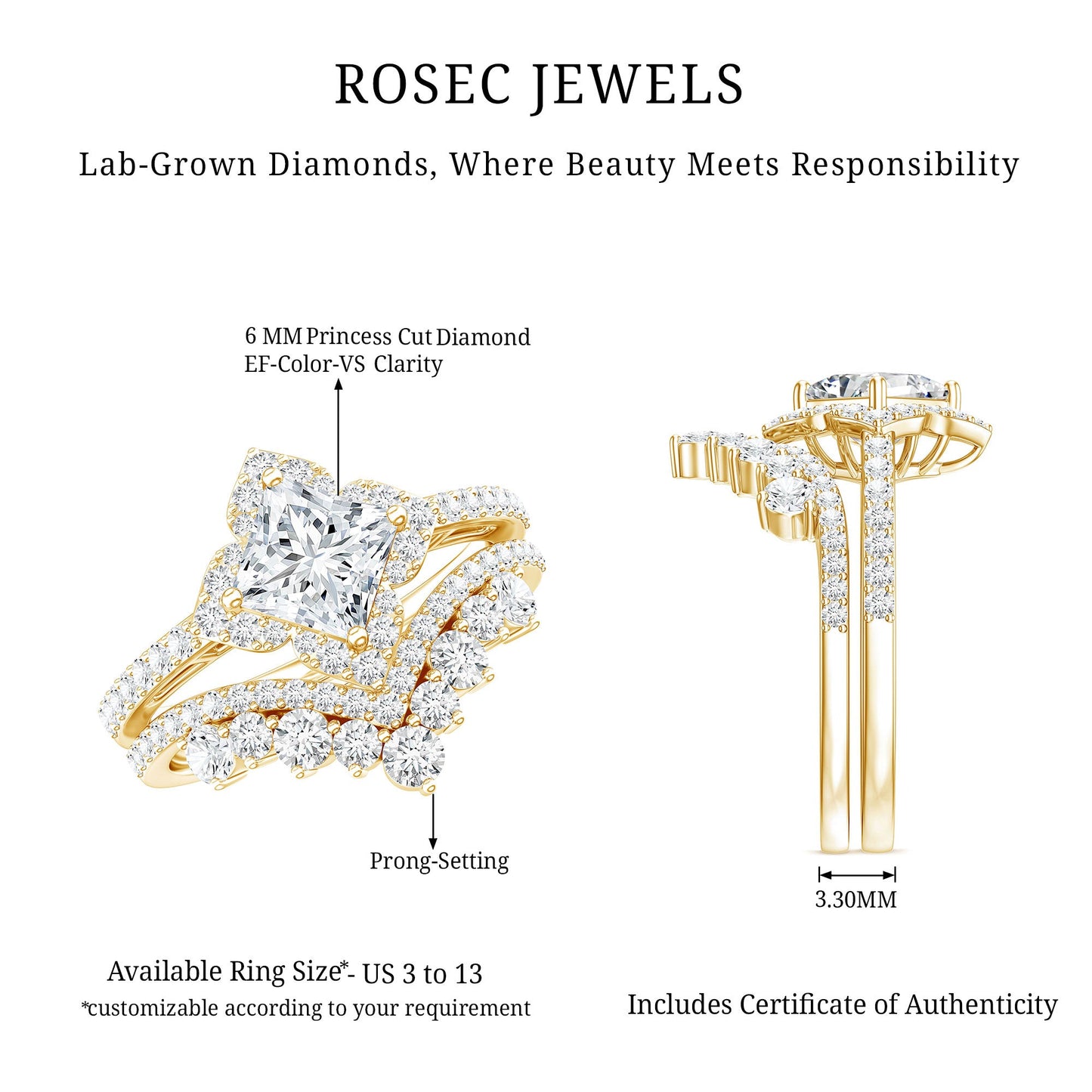 1.25 Carat Princess Cut Lab Grown Diamond Designer Bridal Ring Set