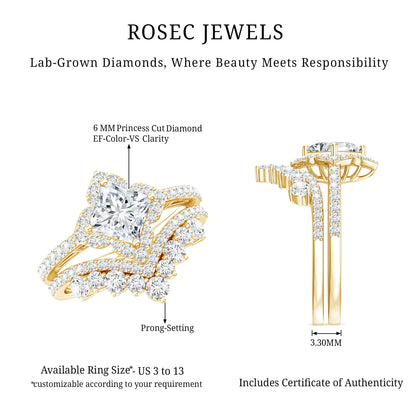 1.25 Carat Princess Cut Lab Grown Diamond Designer Bridal Ring Set