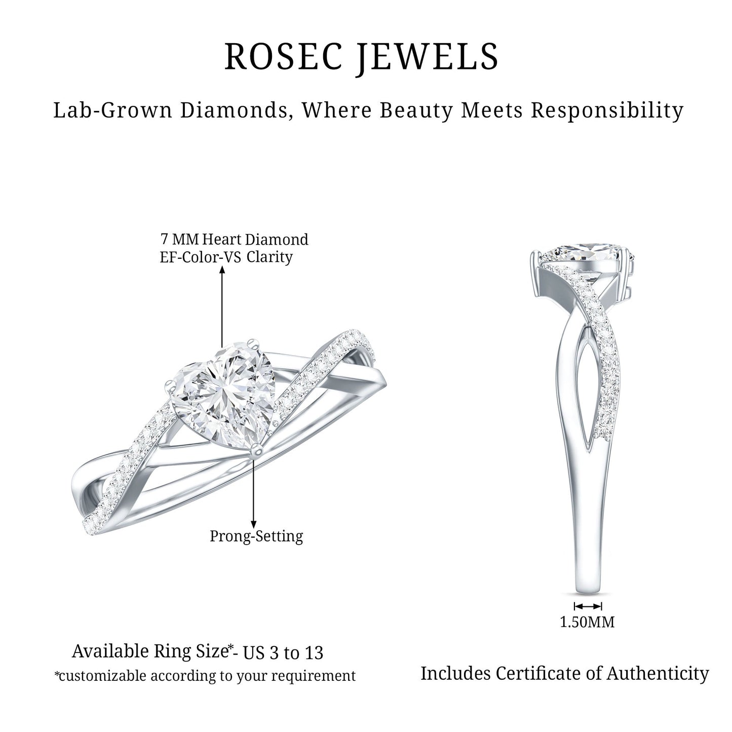 Lab Created Diamond Heart Crossover Engagement Ring