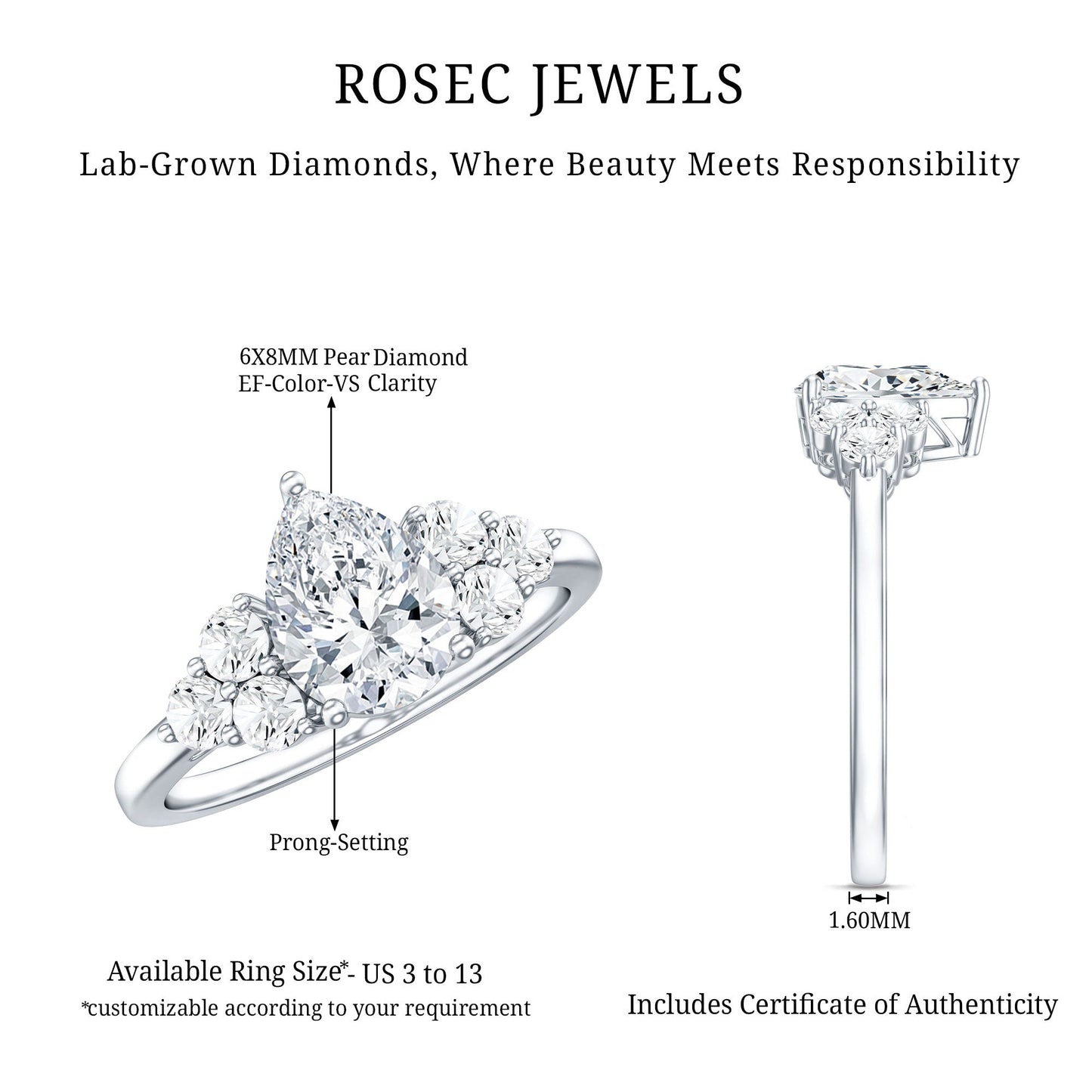 Lab Grown Diamond Teardrop Engagement Ring With Round Shape Trio