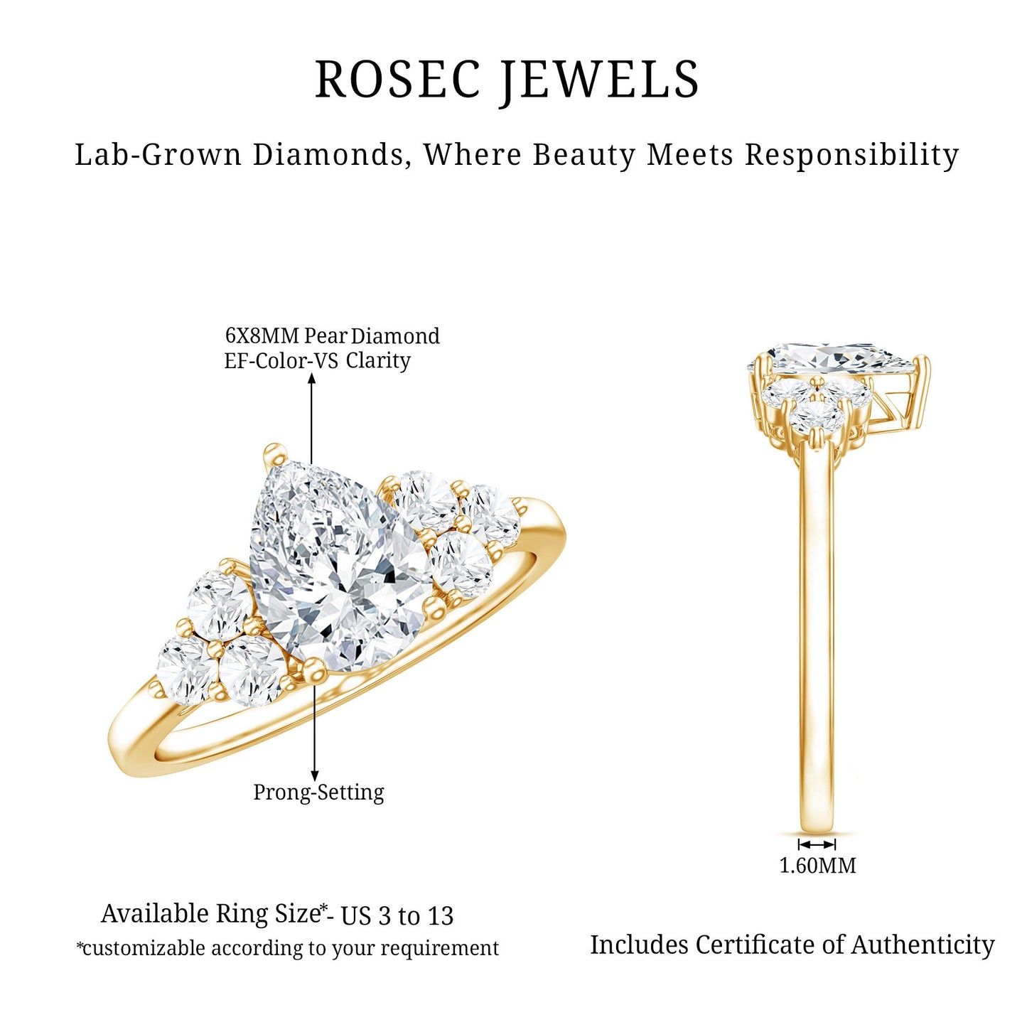 Lab Grown Diamond Teardrop Engagement Ring With Round Shape Trio