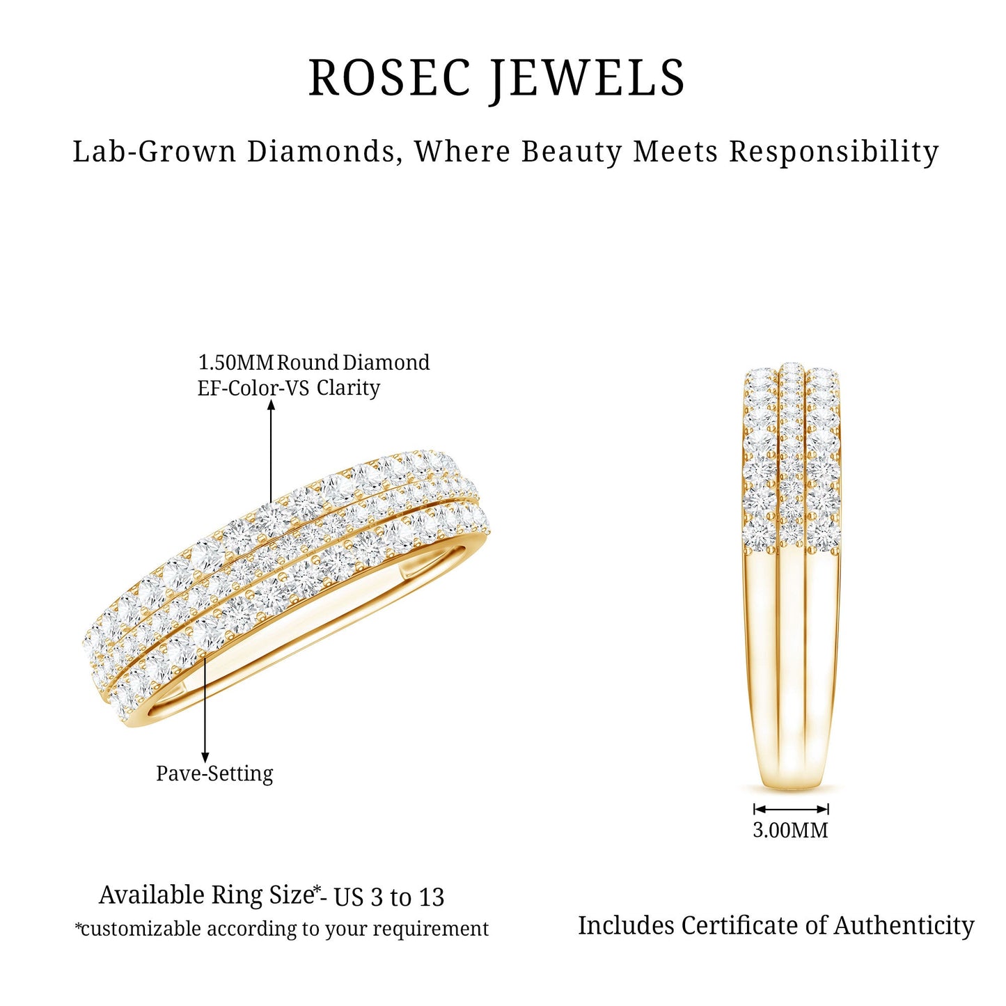 Certified Lab Grown Diamond 3 Row Wedding Band