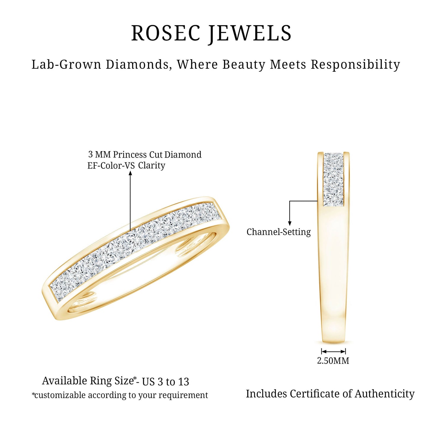 Certified Brilliant Cut Diamond Princess Cut Wedding Band
