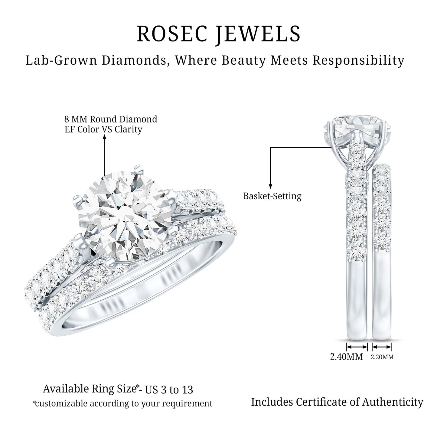 Certified 2 Carat Round Lab Grown Diamond Wedding Engagement Ring Set
