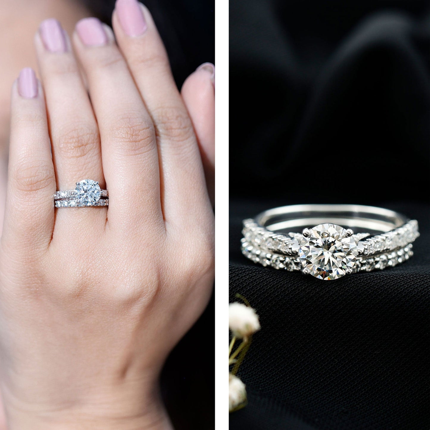 Certified 2 Carat Round Lab Grown Diamond Wedding Engagement Ring Set