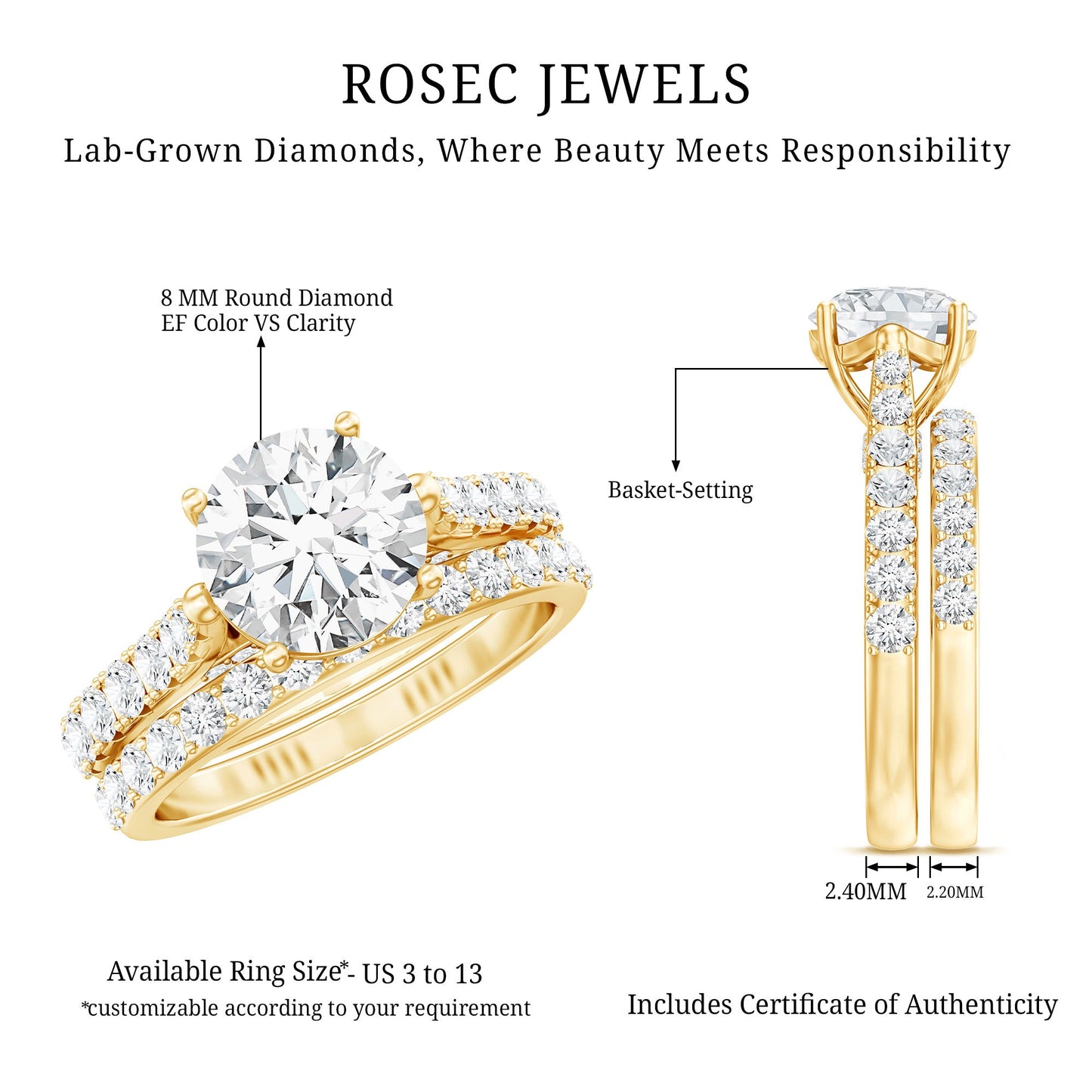 Certified 2 Carat Round Lab Grown Diamond Wedding Engagement Ring Set