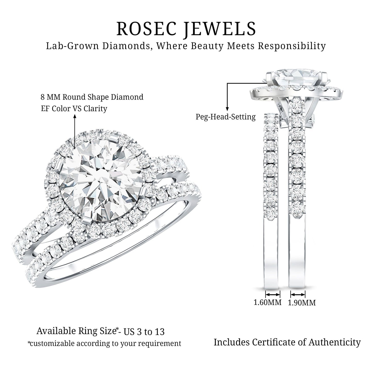 Certified Lab Grown Diamond Halo Ring With Wedding Band