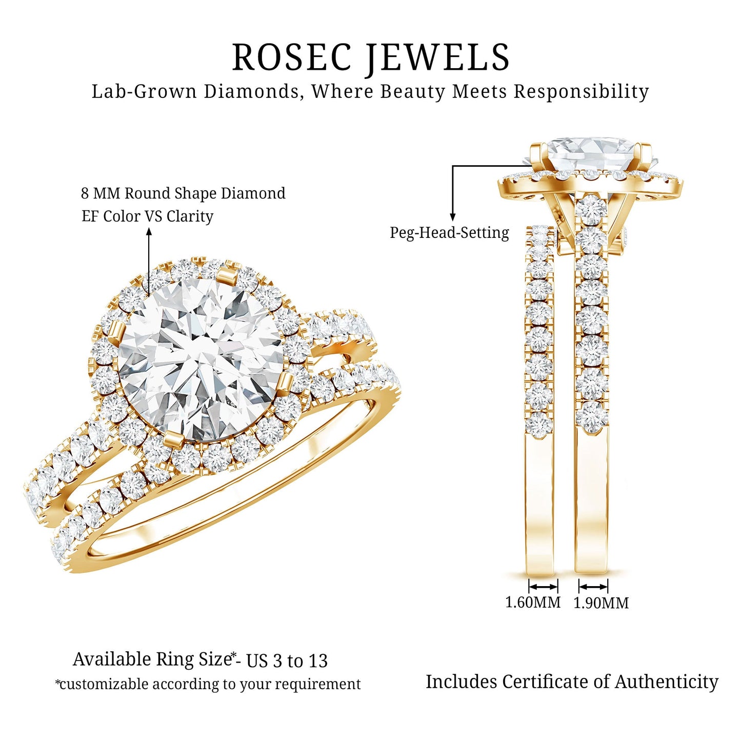 Certified Lab Grown Diamond Halo Ring With Wedding Band