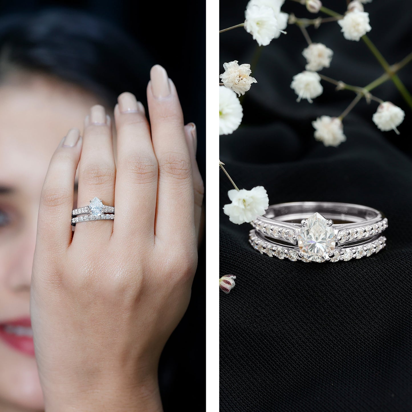 Pear Cut 1.3 Carat Lab Grown Diamond Marriage Ring Set for Women