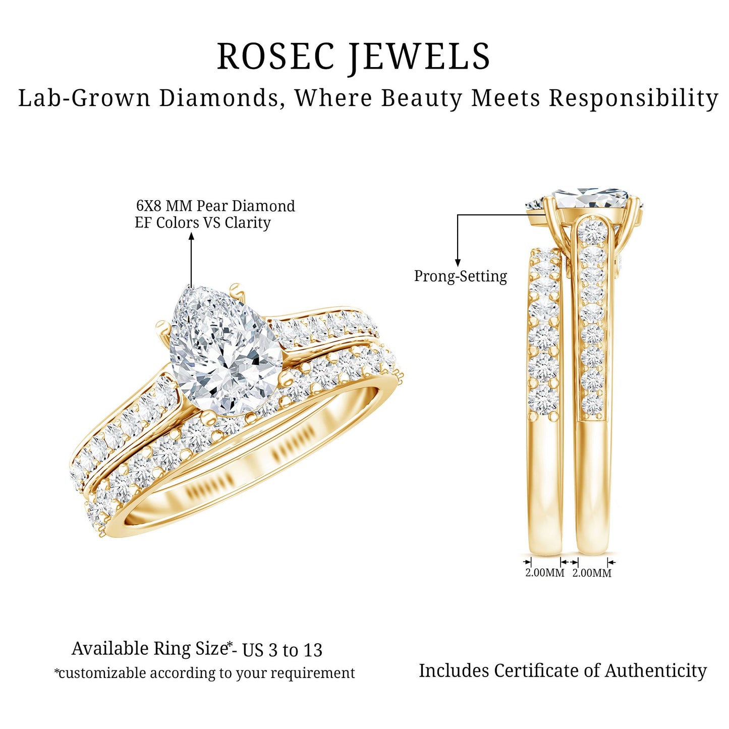 Pear Cut 1.3 Carat Lab Grown Diamond Marriage Ring Set for Women