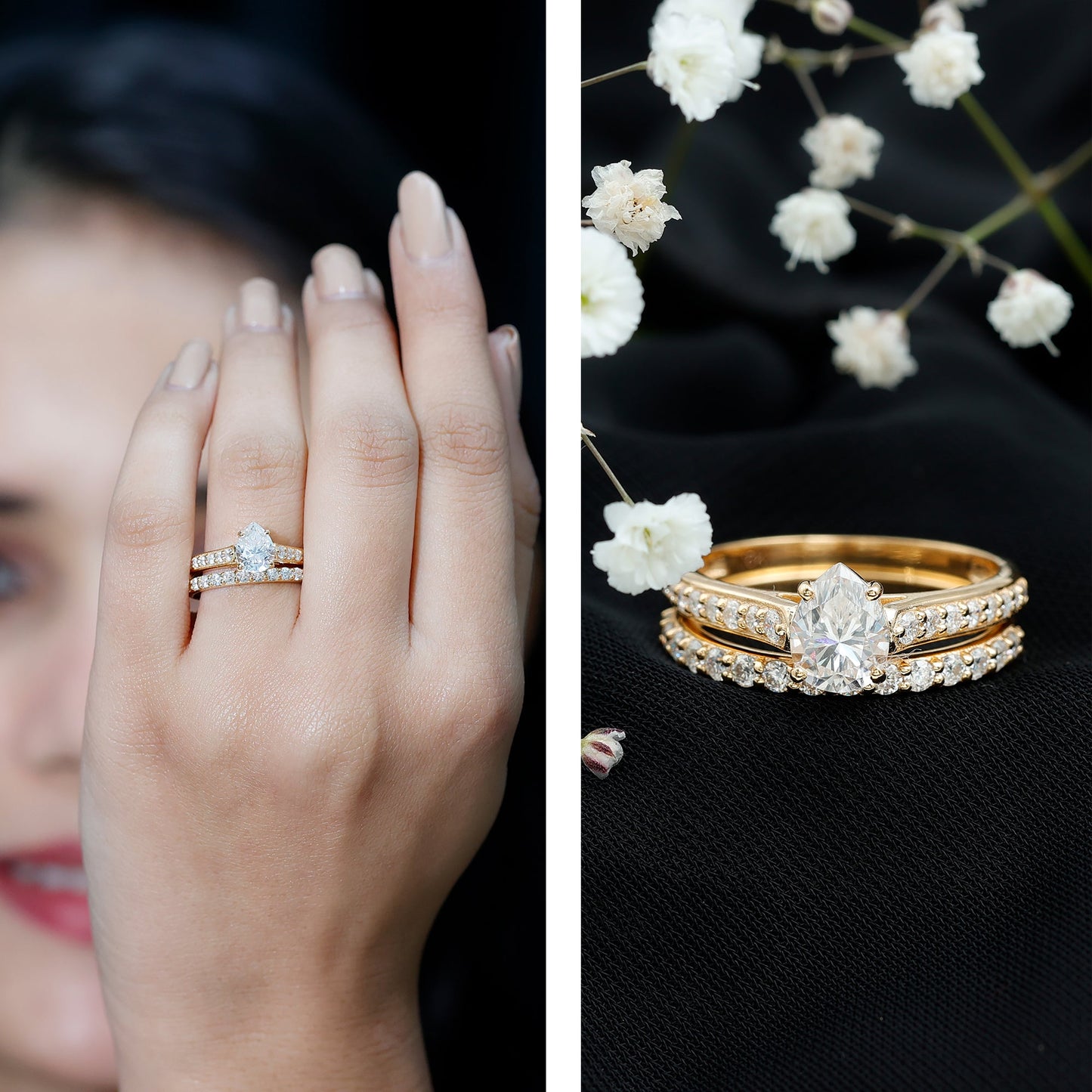 Pear Cut 1.3 Carat Lab Grown Diamond Marriage Ring Set for Women