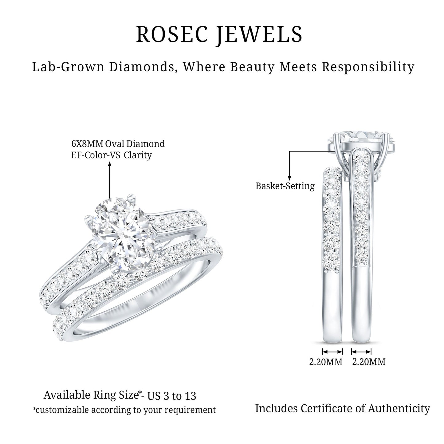 1 Carat Oval Lab Created Diamond Solitaire Engagement Ring Set for Women