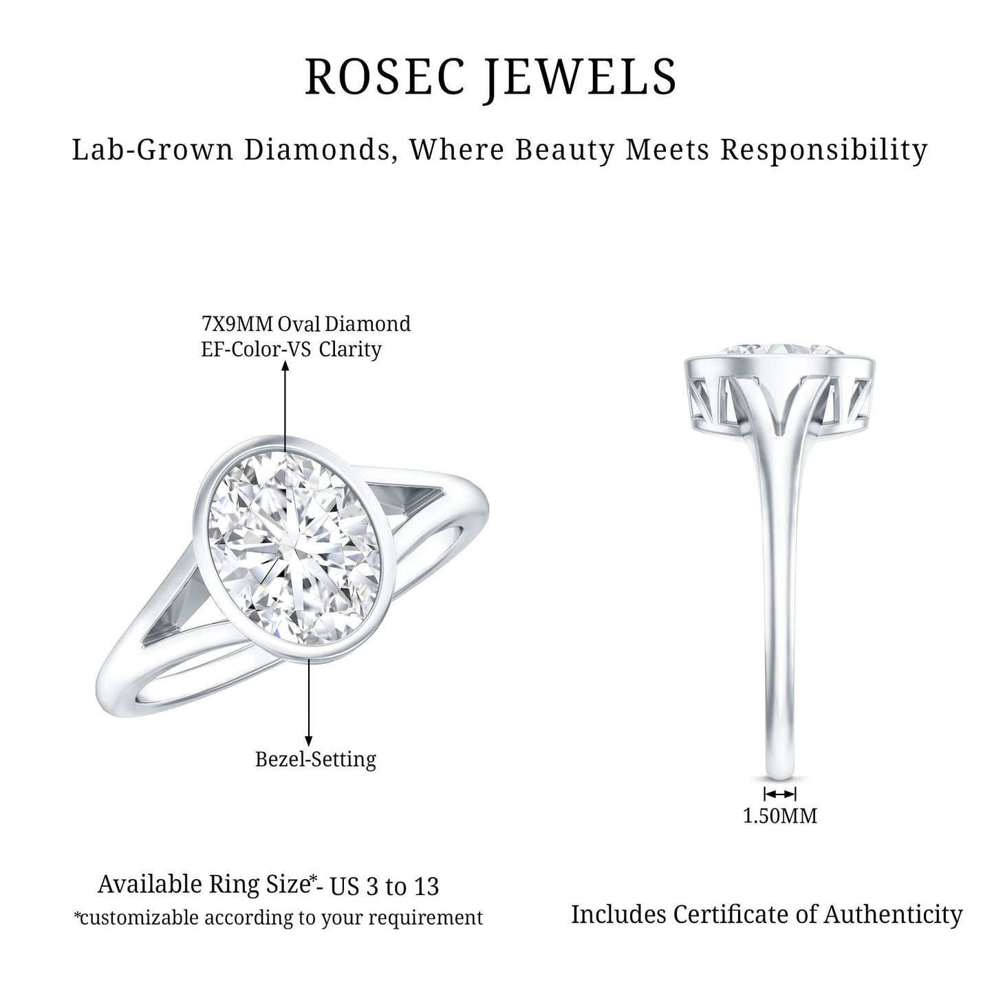 Bezel Set Oval Lab Created Diamond Solitaire Ring For Women