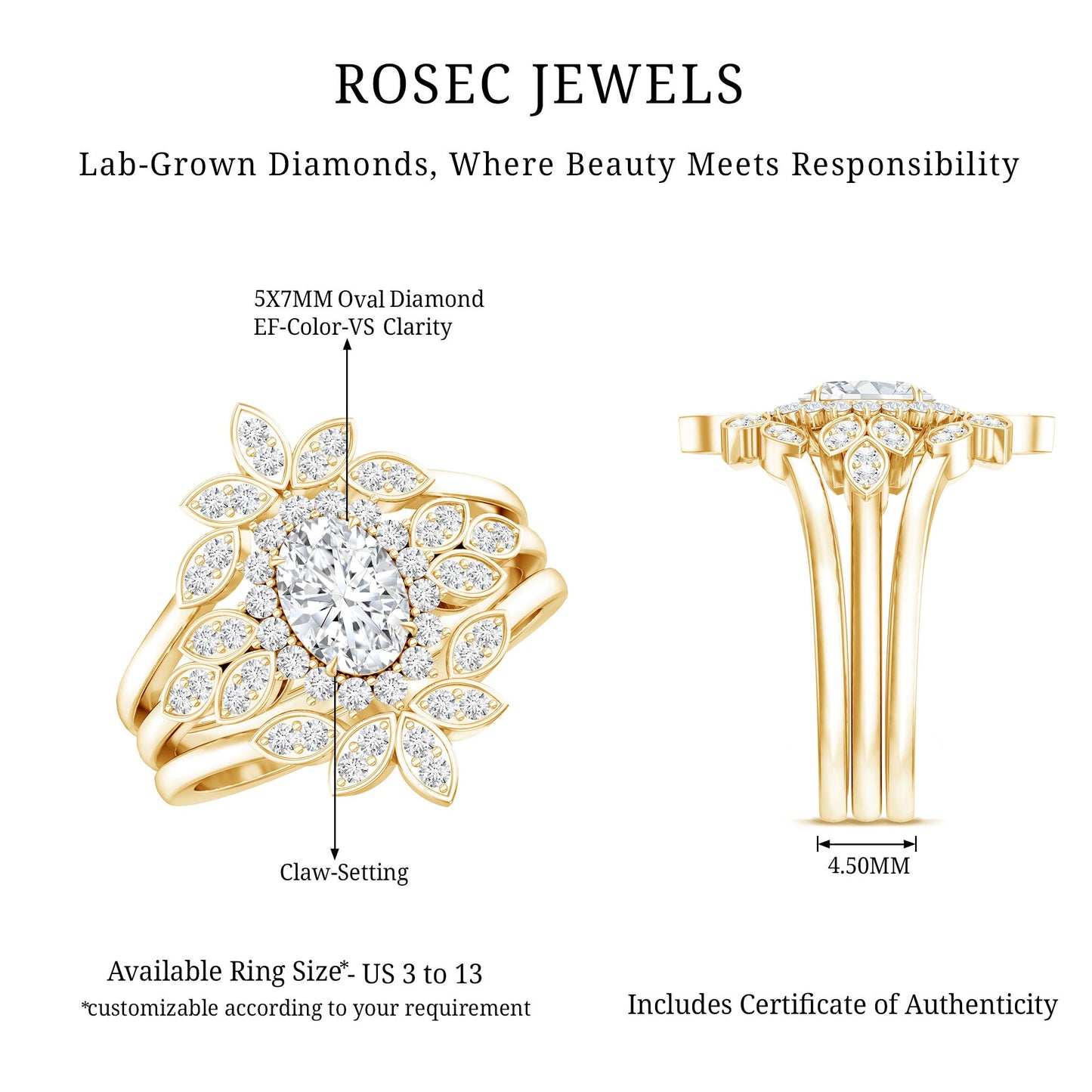 0.7 Carat Lab Grown Diamond Vintage Engagement Ring with 2 Wedding Bands