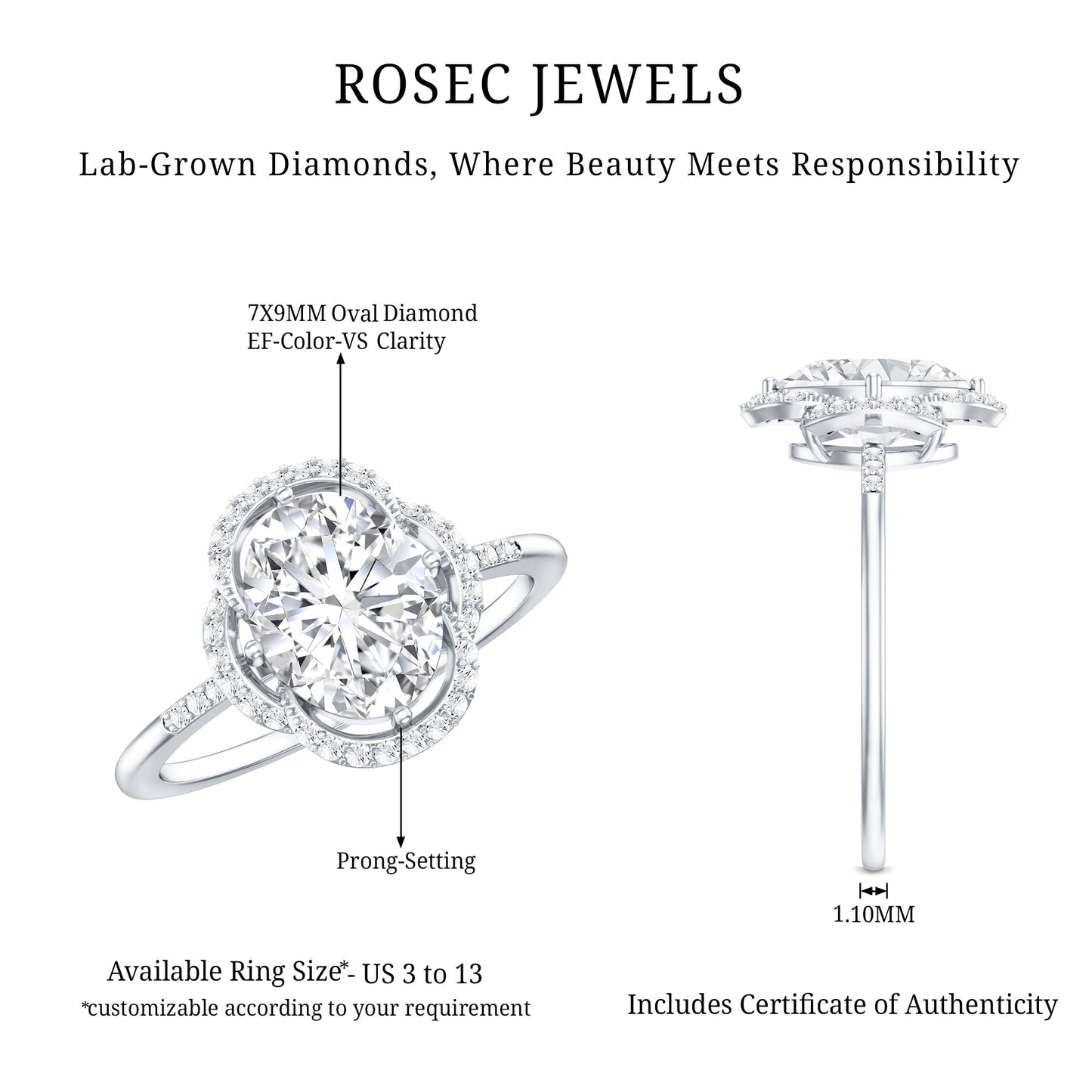 Brilliant Cut Oval Lab Grown Diamond Halo Engagement Ring