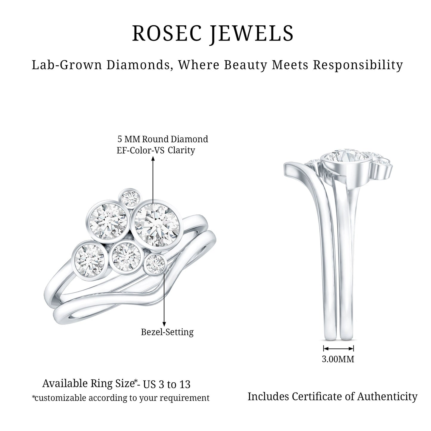 Bezel Set Lab Created Diamond Cluster Wedding Ring Set