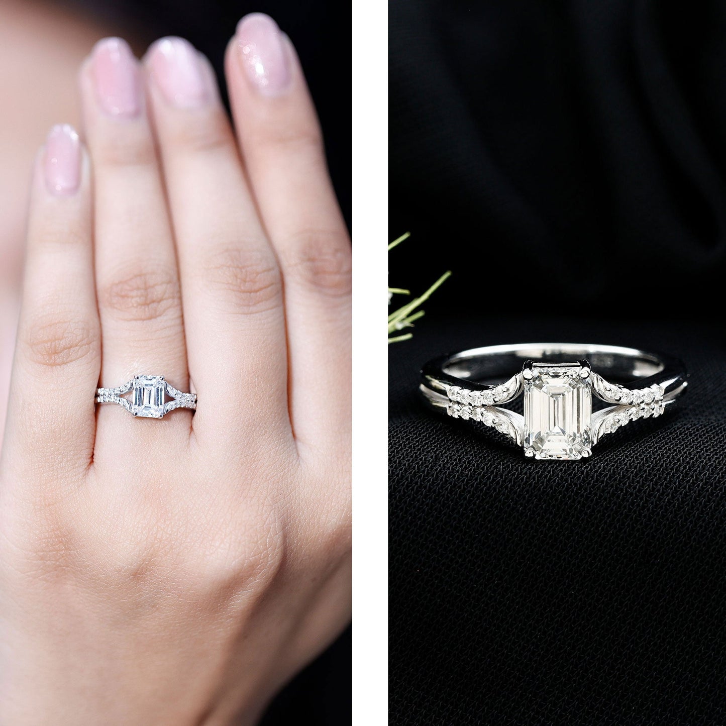 Emerald Cut Lab Diamond Engagement Ring With Split Shank Ring