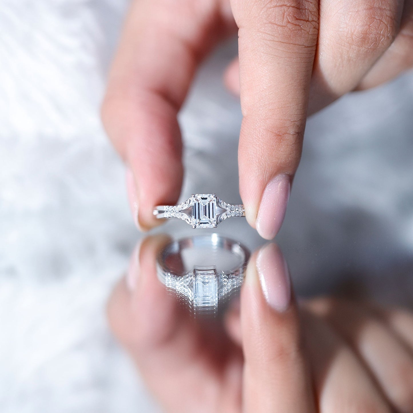 Emerald Cut Lab Diamond Engagement Ring With Split Shank Ring