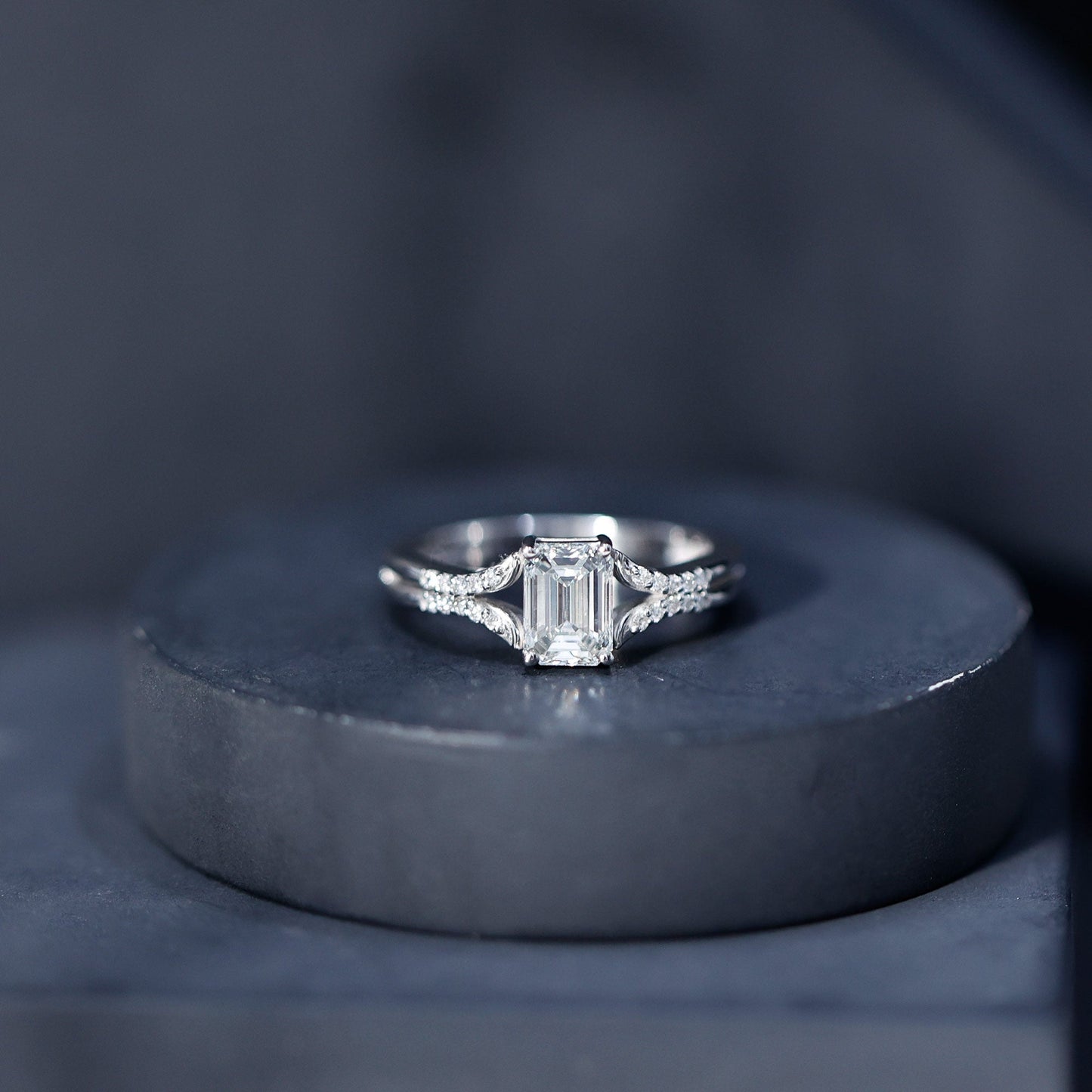 Emerald Cut Lab Diamond Engagement Ring With Split Shank Ring