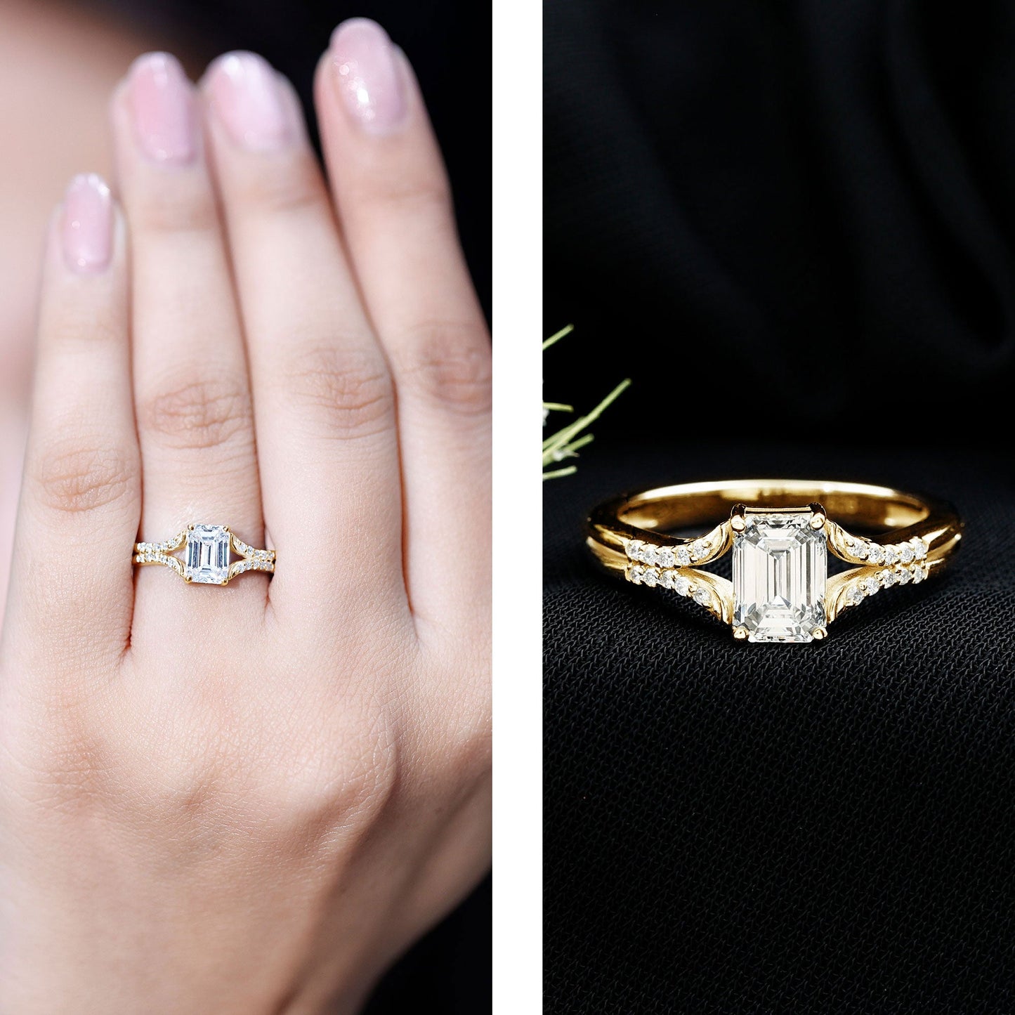 Emerald Cut Lab Diamond Engagement Ring With Split Shank Ring