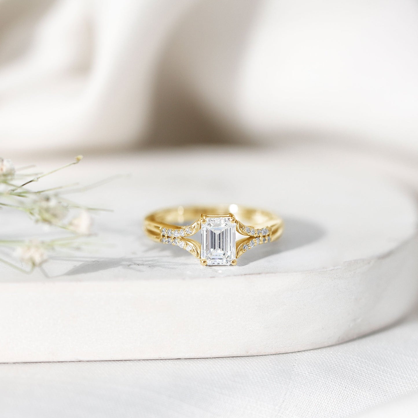 Emerald Cut Lab Diamond Engagement Ring With Split Shank Ring