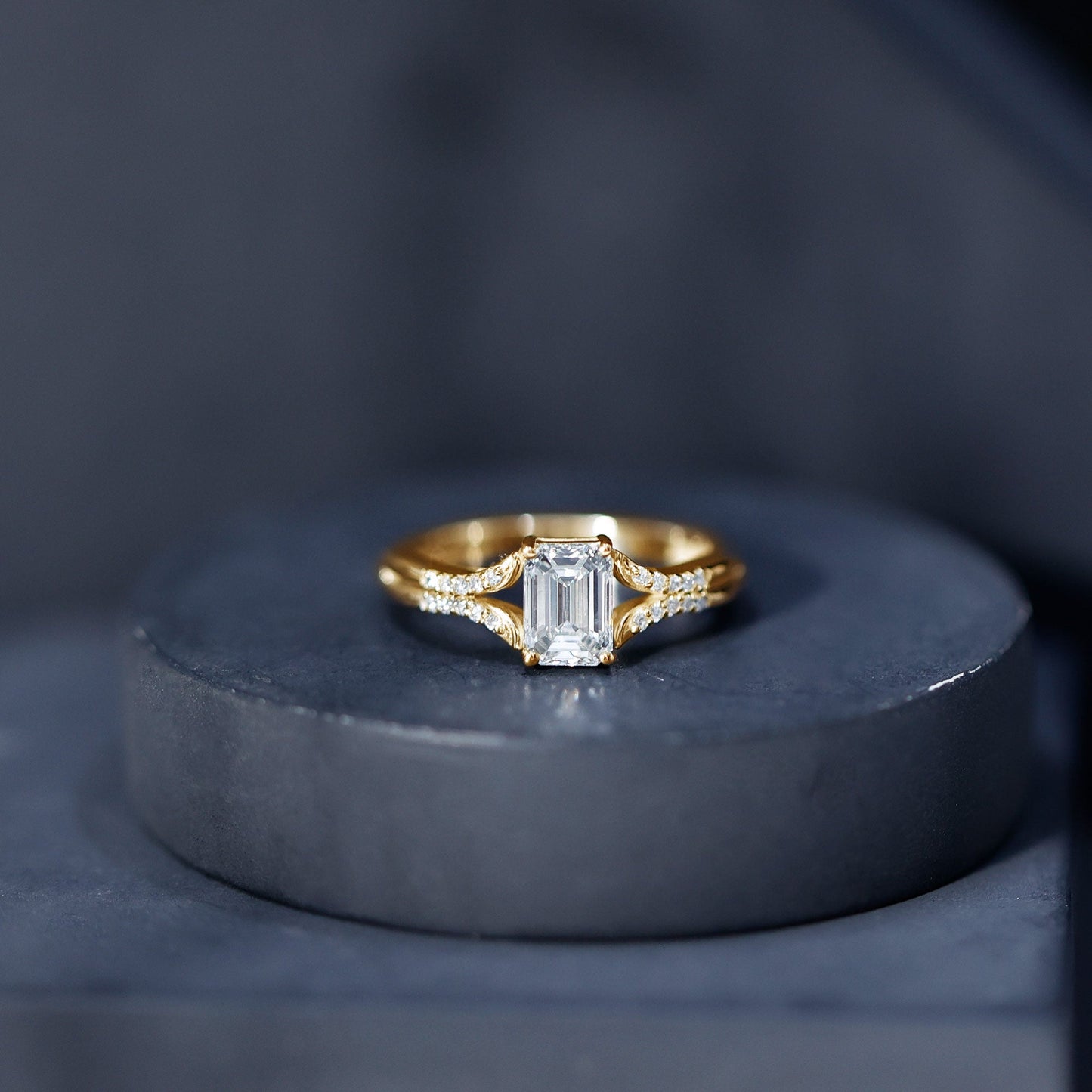 Emerald Cut Lab Diamond Engagement Ring With Split Shank Ring