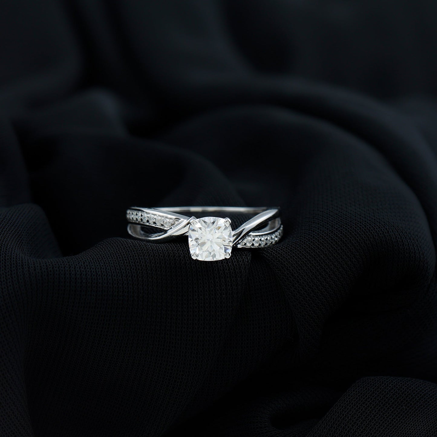 Cushion Cut Diamond Infinity Solitaire Ring with Side Stones