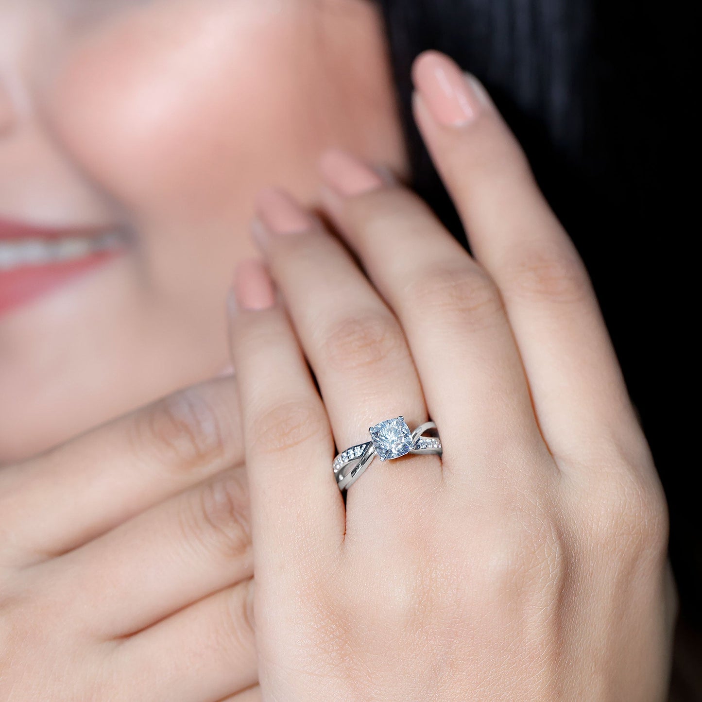 Cushion Cut Diamond Infinity Solitaire Ring with Side Stones
