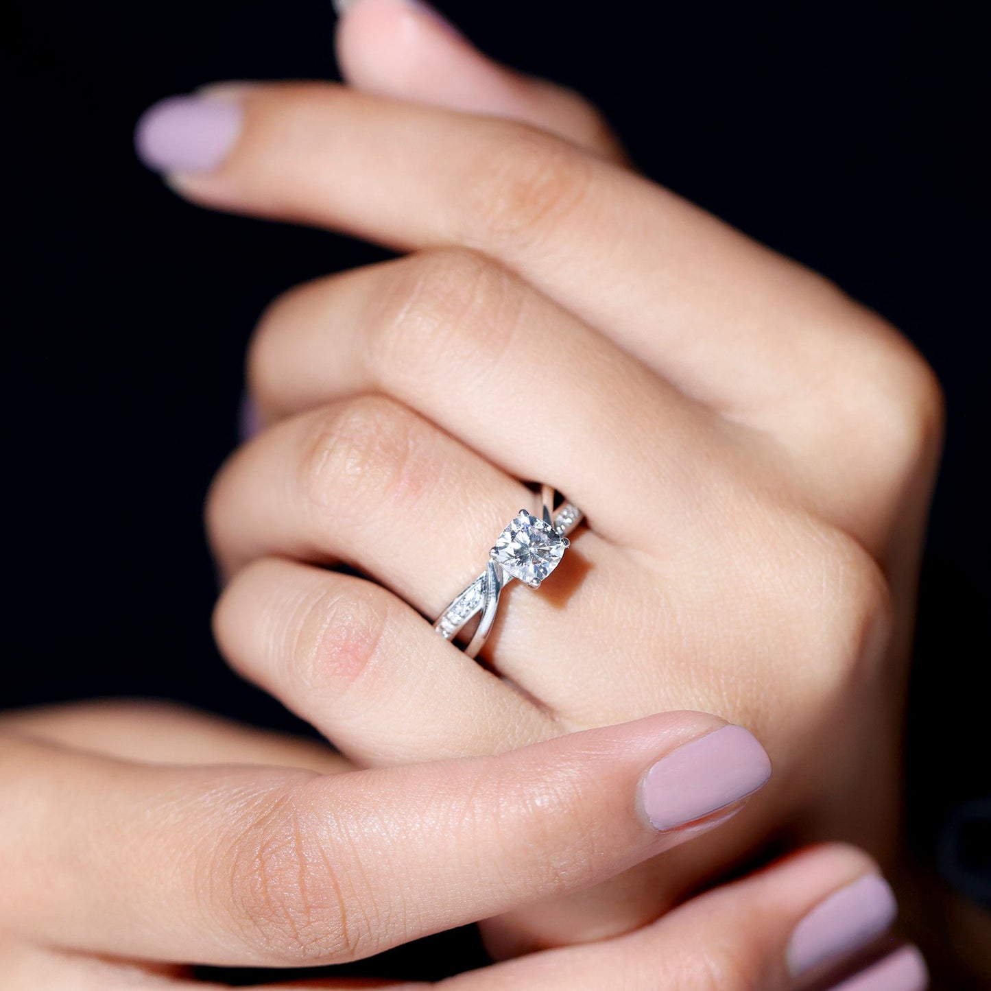 Cushion Cut Diamond Infinity Solitaire Ring with Side Stones