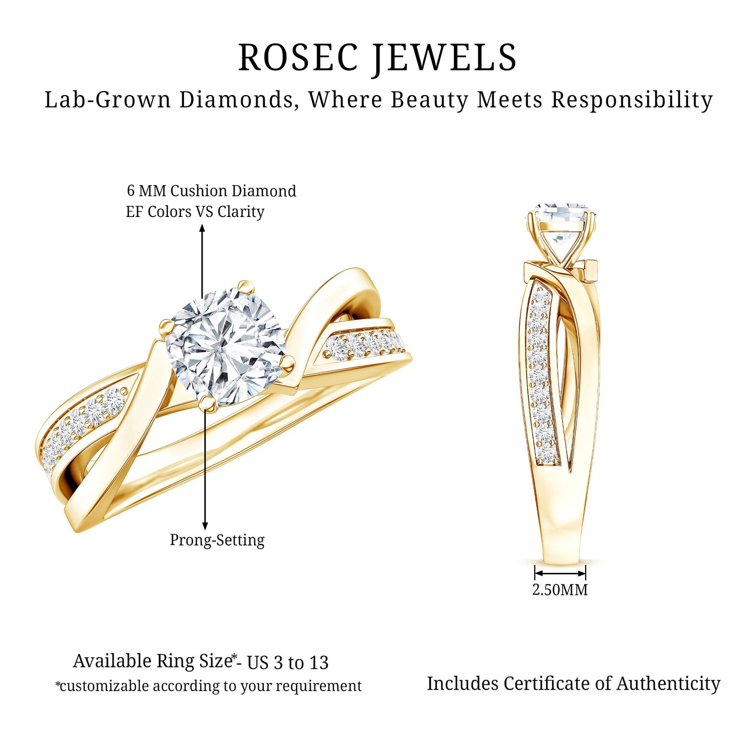 Cushion Cut Diamond Infinity Solitaire Ring with Side Stones