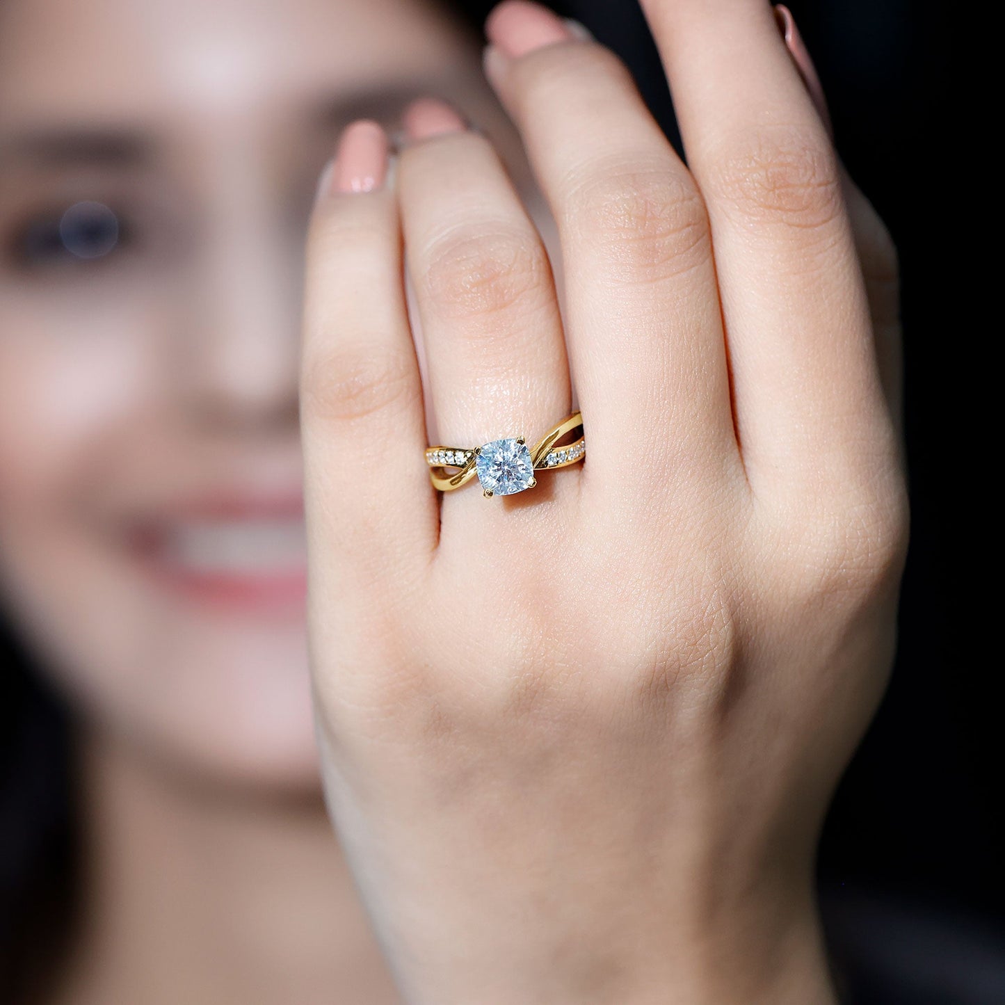 Cushion Cut Diamond Infinity Solitaire Ring with Side Stones